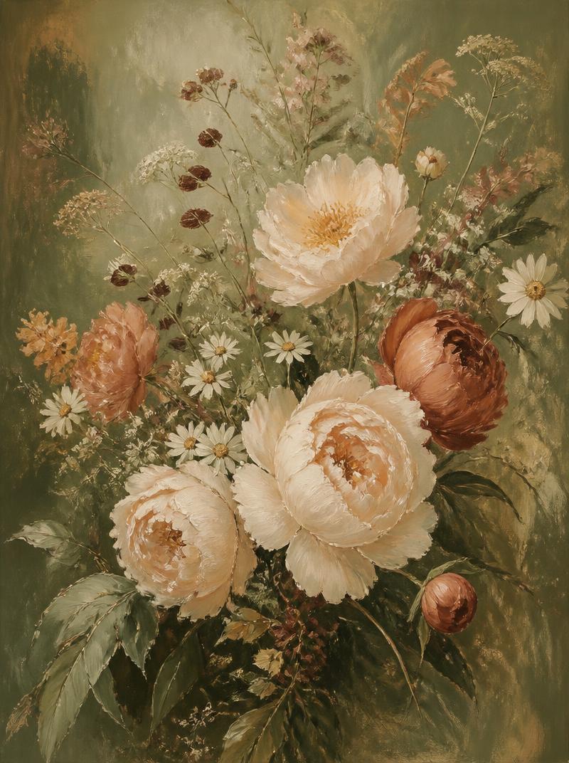 Original oil painting of peonies and wildflowers in moss green and terracotta tones