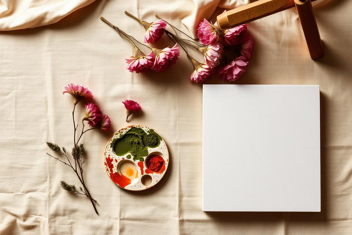 Artist's table with dried carnations, a paint palette and a blank stretched canvas