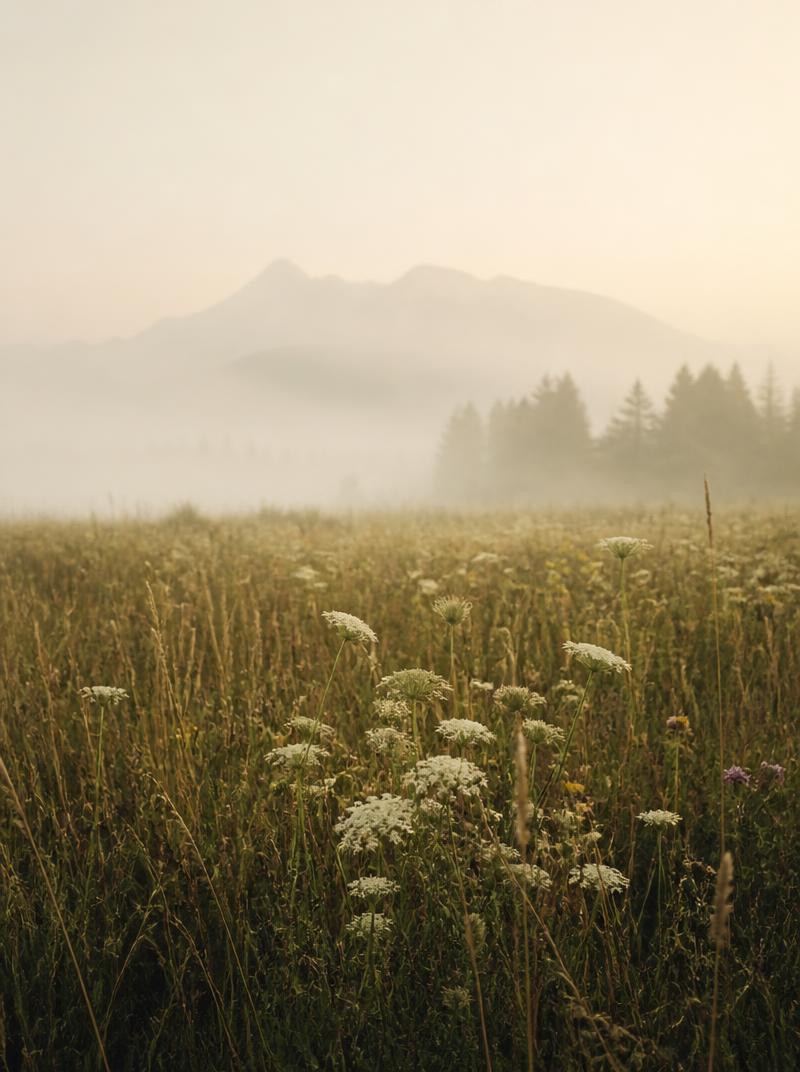 Fine art photograph of a misty wildflower meadow at golden light